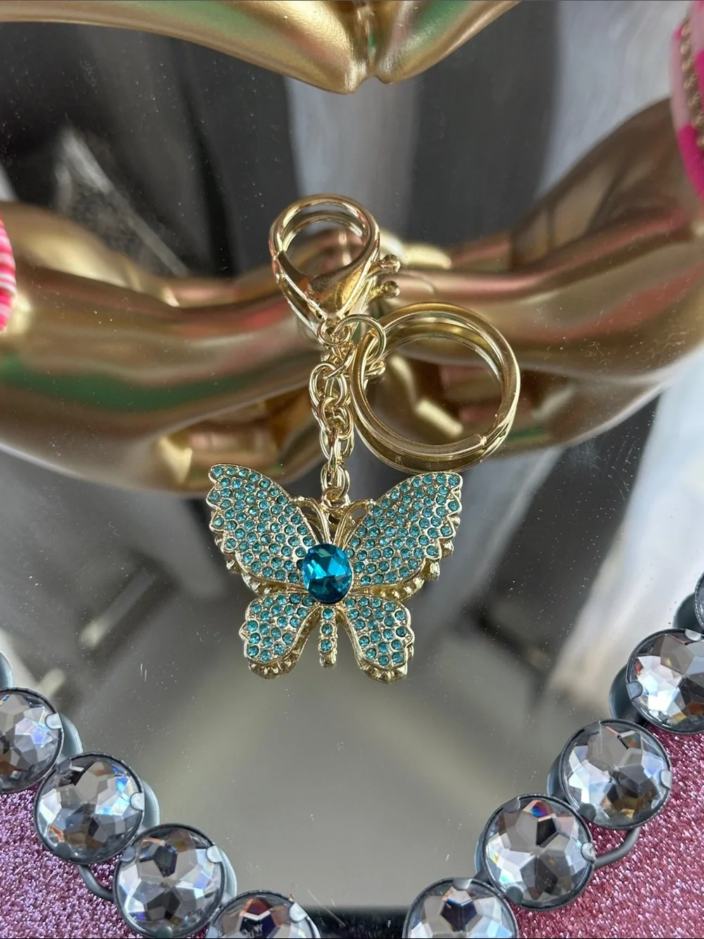 Unlisted Gold Butterfly Keychain with Teal Crystals